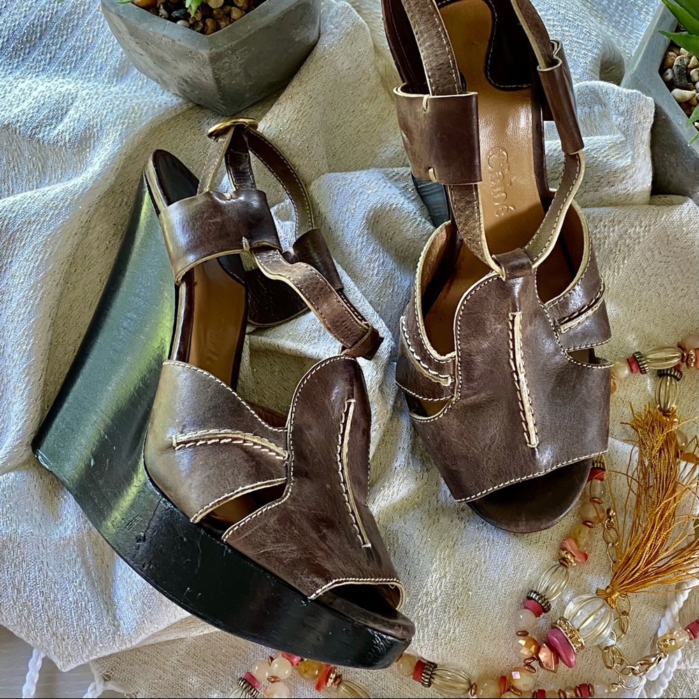 Chloe' womens sandals size 7 1/2 8 leather wedge strappy vintage brown ankle